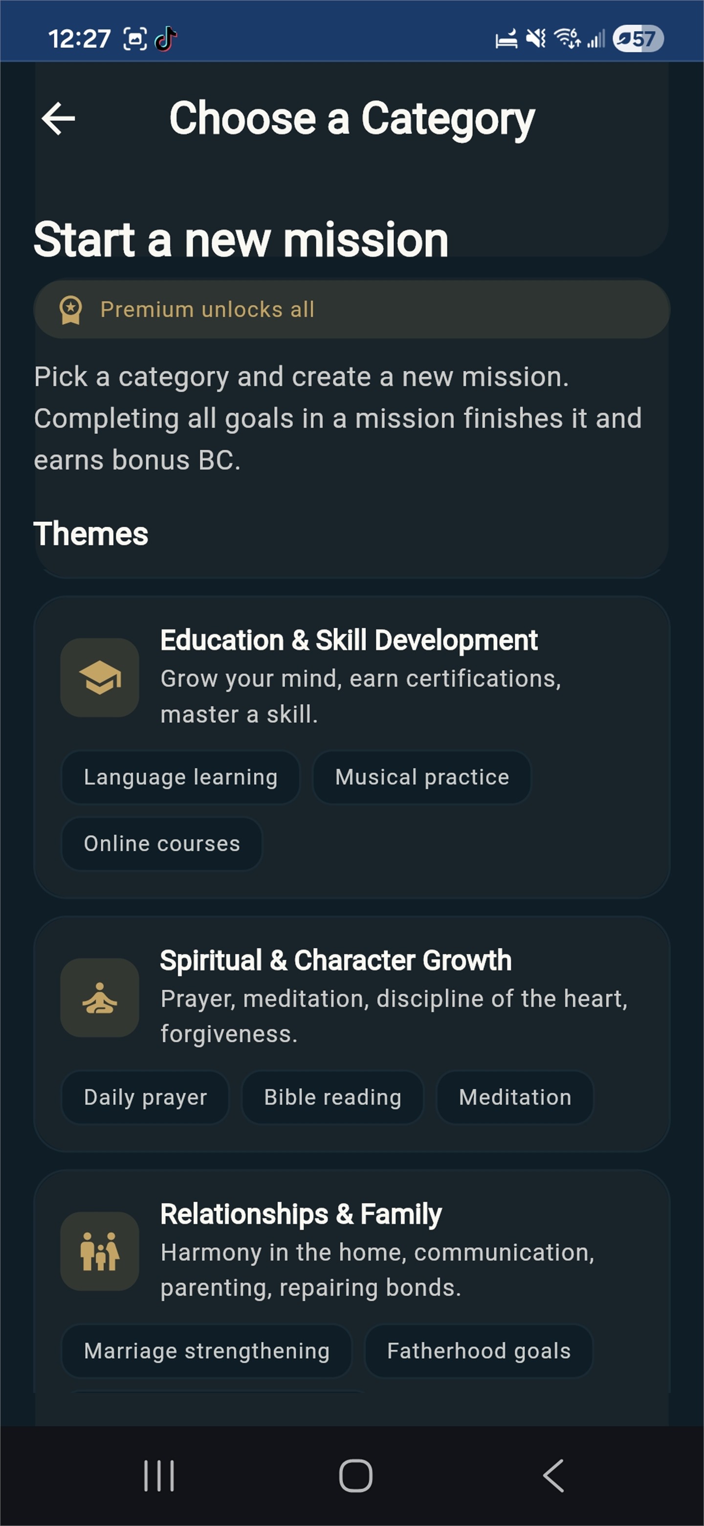 MissionFill accountability app showing community accountability groups and peer verification