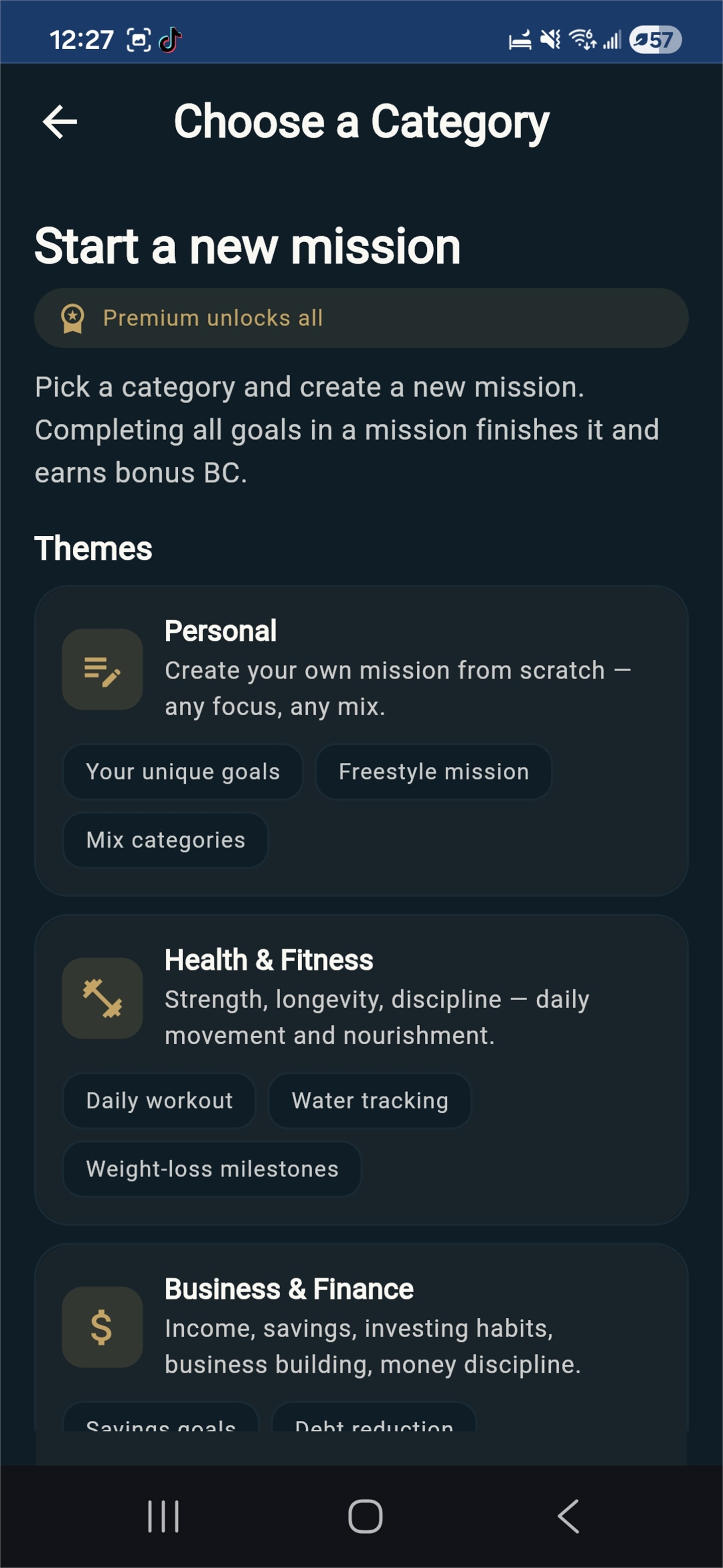 MissionFill goal tracker app showing streak progress and accountability metrics