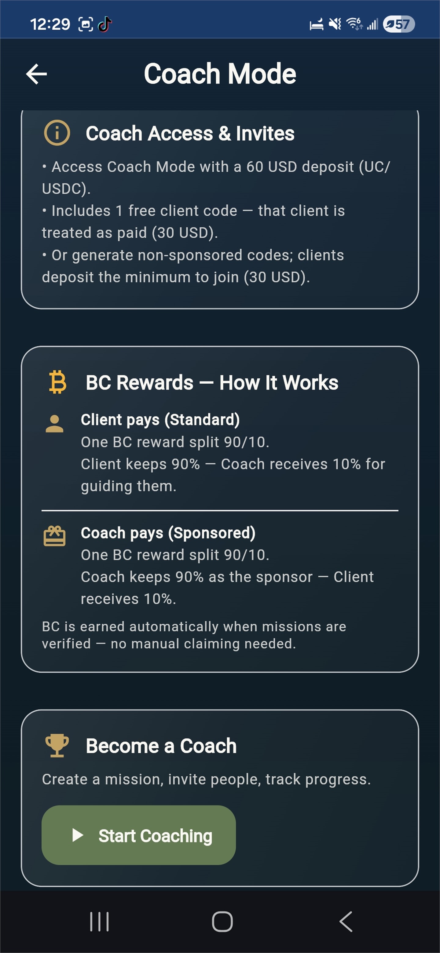 MissionFill profile and rank screen showing self-improvement progress and badges